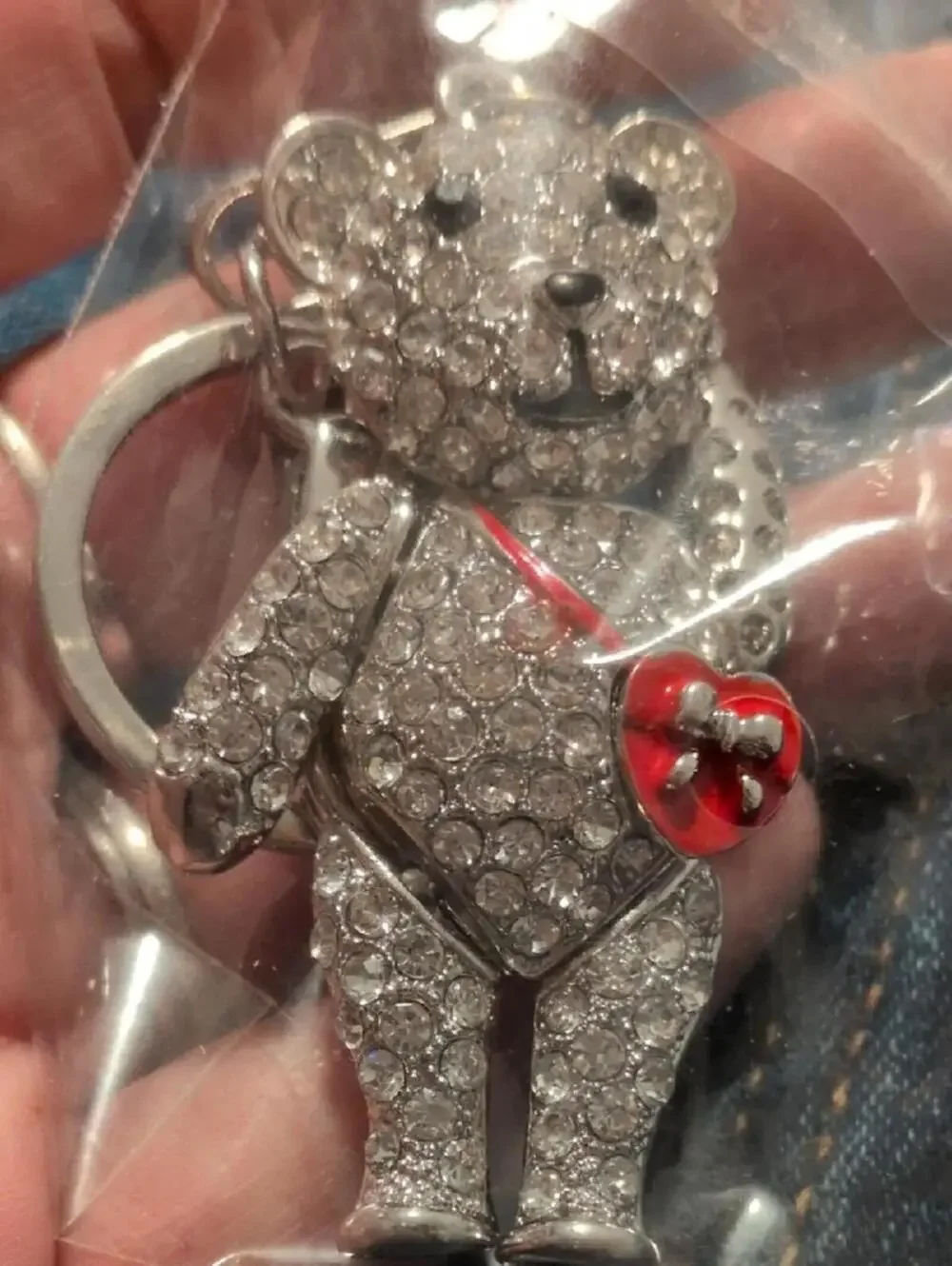 Crystal Bear Keychain Bag Charm Red Heart Gold Tone